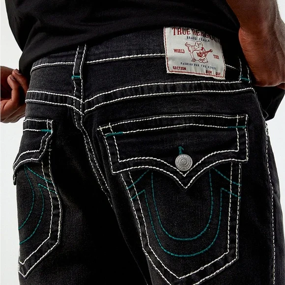 NEW TRUE RELIGION MENS Black White Ricky Relaxed Straight Leg Denim Jeans 30
